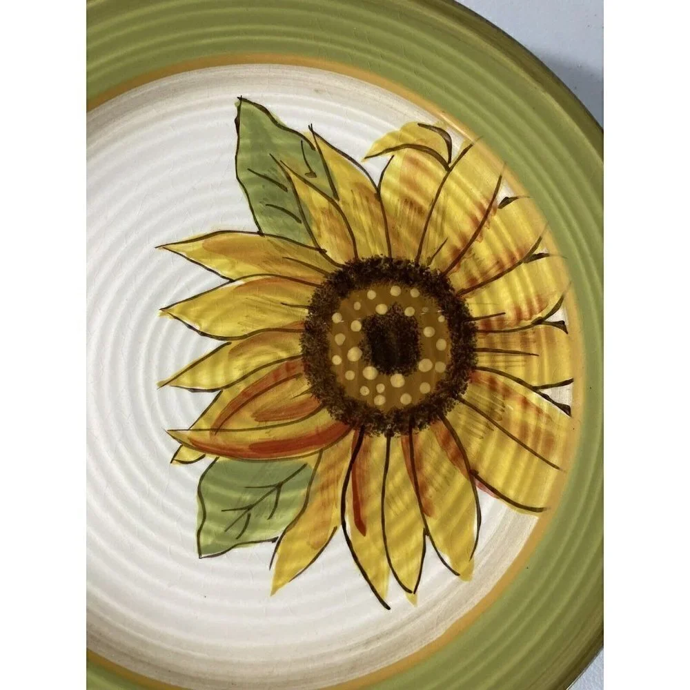 Set Of 6 Clay Art Sunflower‎ Hand Painted Stone Lite Salad Dessert Plates 8.25